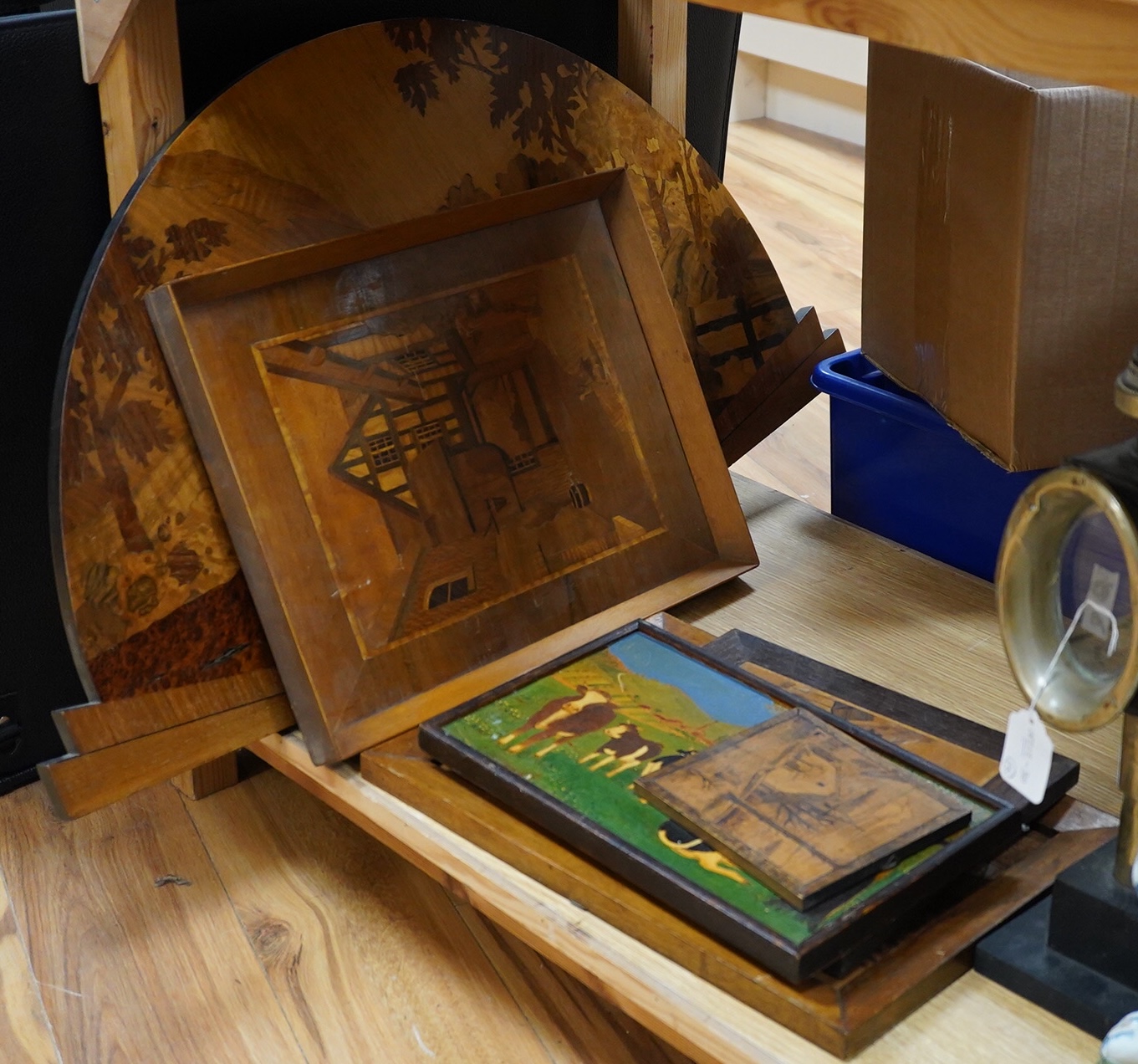 A large fan shaped wooden marquetry panel - 50cm high, a similar tray and two pictures, including three other similar pictures (6)